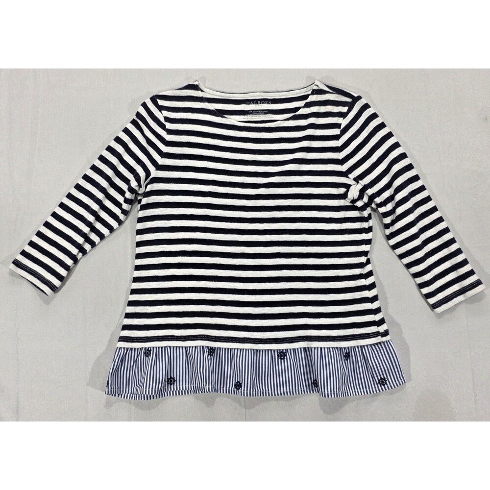 Talbots Nautical Striped Peplum Top Size P Blue White Cotton Twee Preppy Coastal